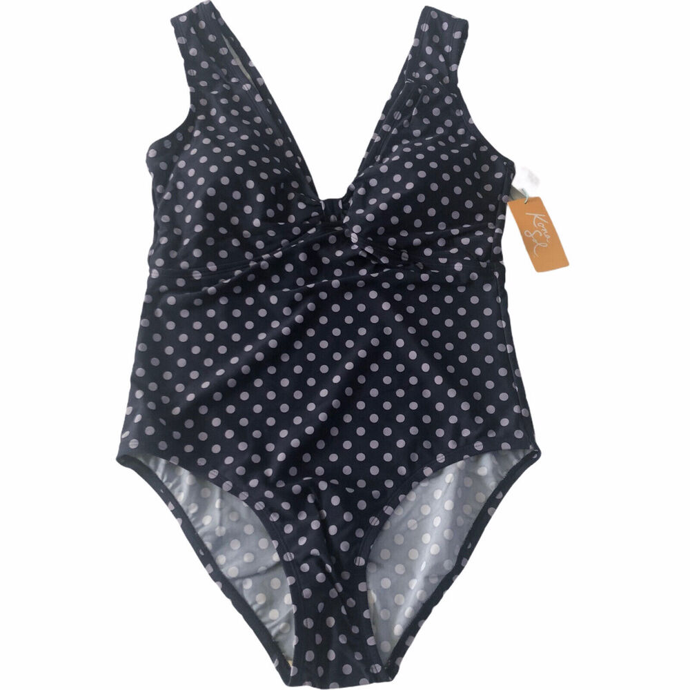 Kona Sol Womens Large Blue Purple polka dots vneck back $35 pinup swimsuit #SW